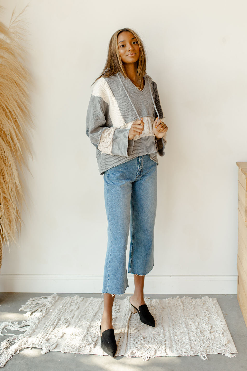 mode, stripes + patches sweater