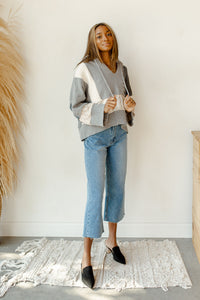 mode, stripes + patches sweater