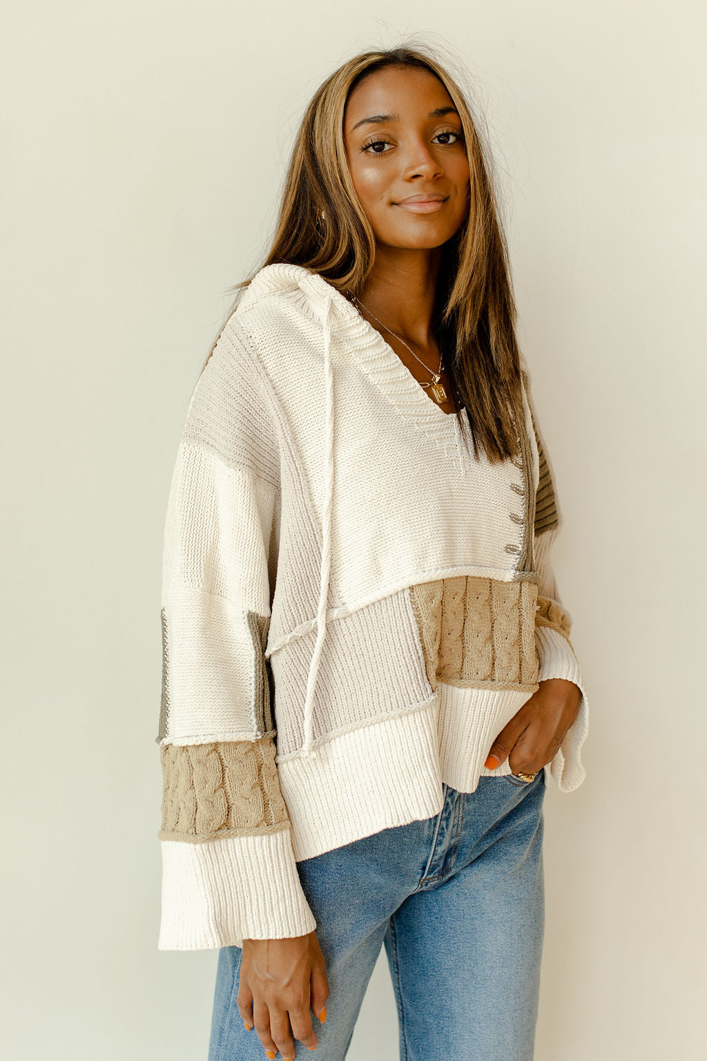 mode, stripes + patches sweater