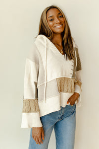 mode, stripes + patches sweater