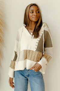 mode, stripes + patches sweater