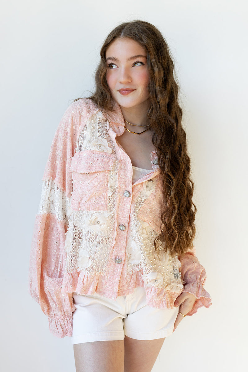 mode, flower + pearl detail jacket