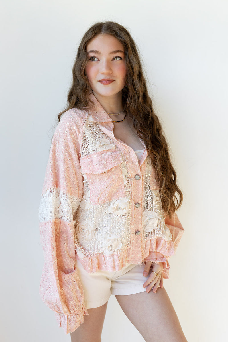 mode, flower + pearl detail jacket