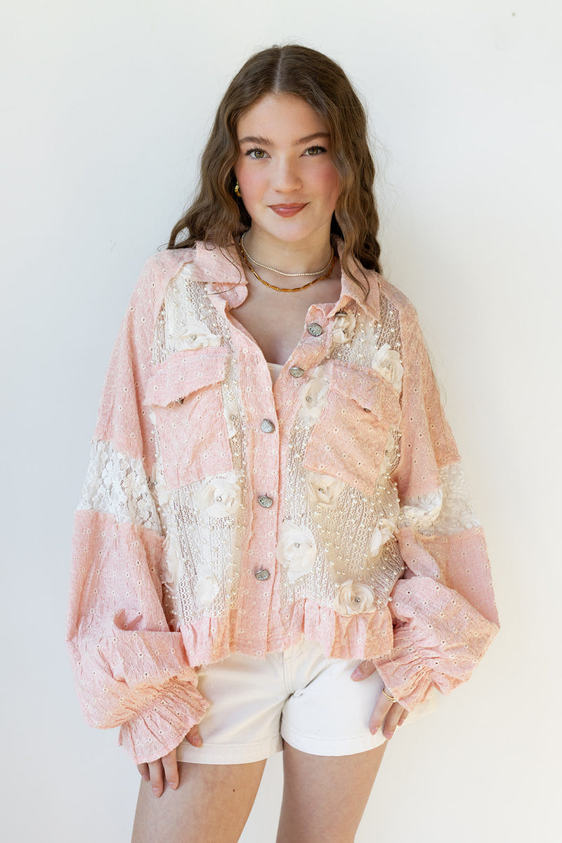 mode, flower + pearl detail jacket
