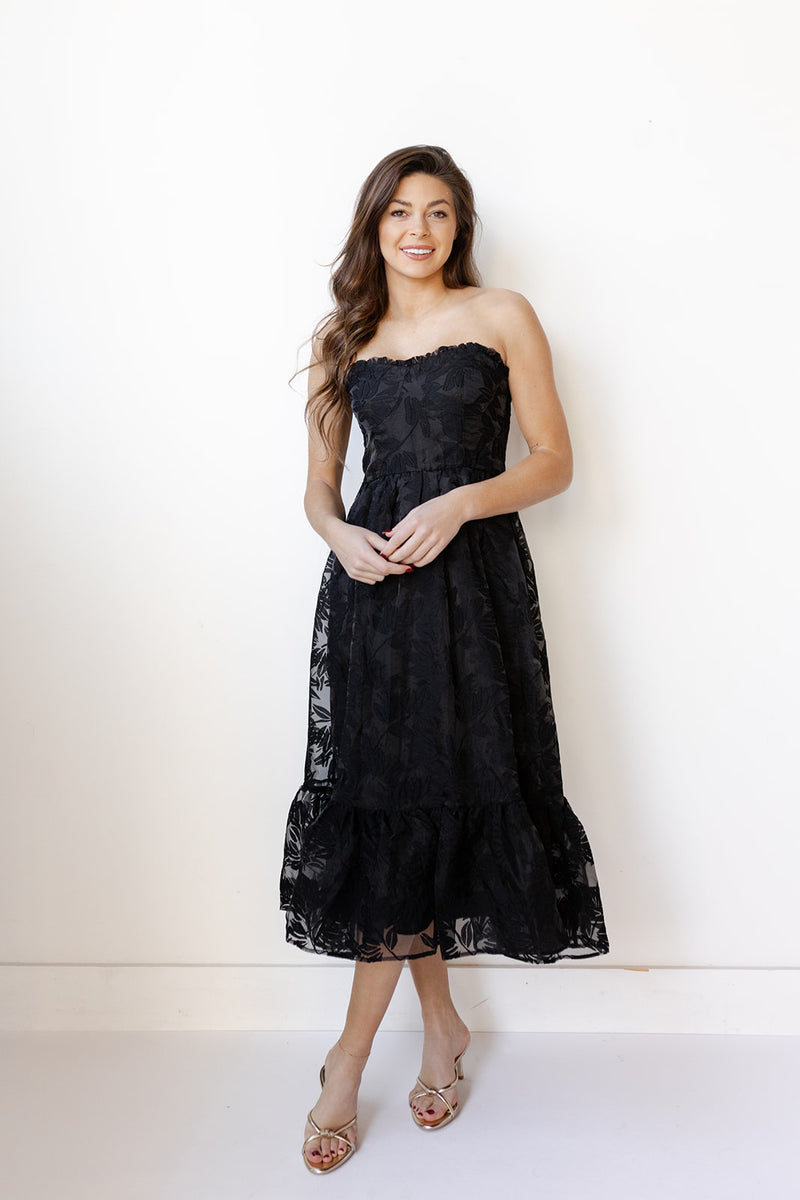 mode, sable strapless midi dress