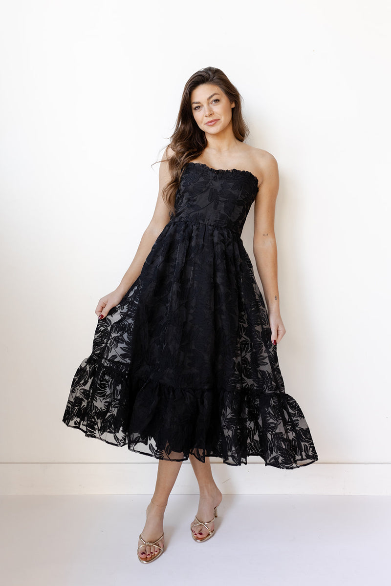 mode, sable strapless midi dress