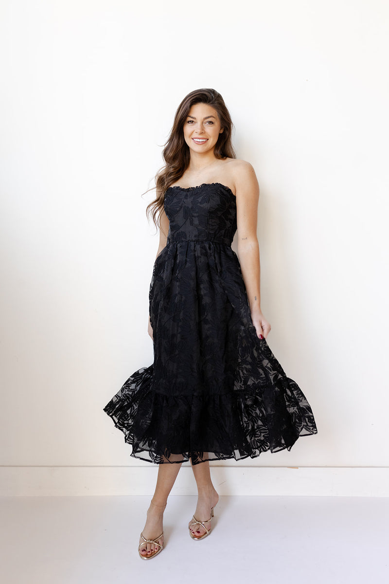 mode, sable strapless midi dress