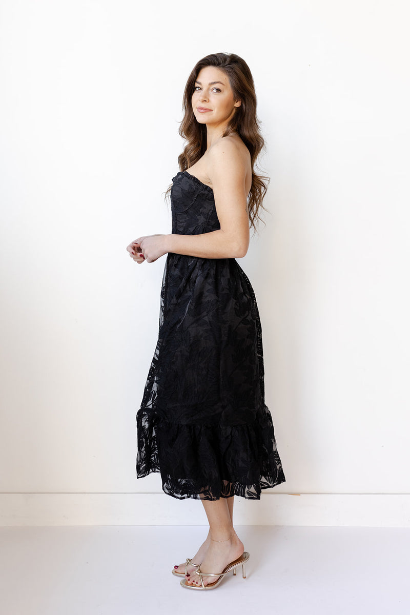 mode, sable strapless midi dress