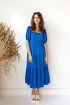 mode, azure maxi dress