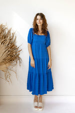 mode, azure maxi dress