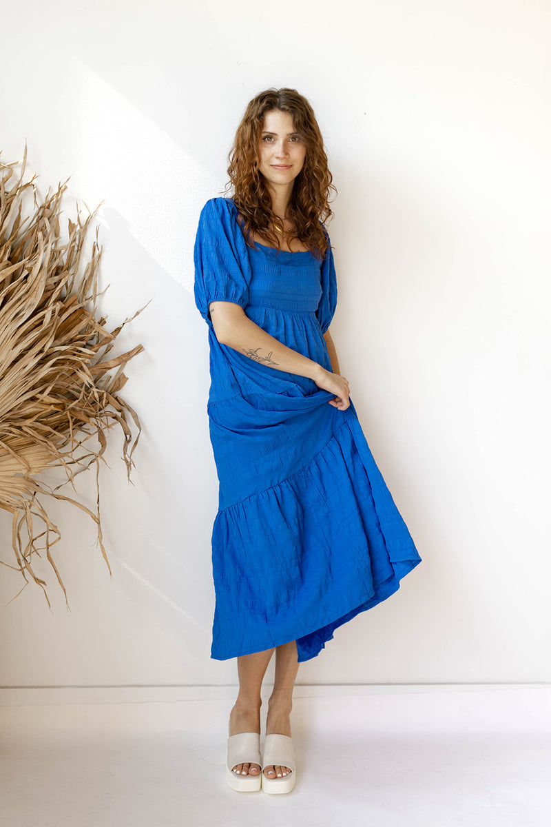 mode, azure maxi dress