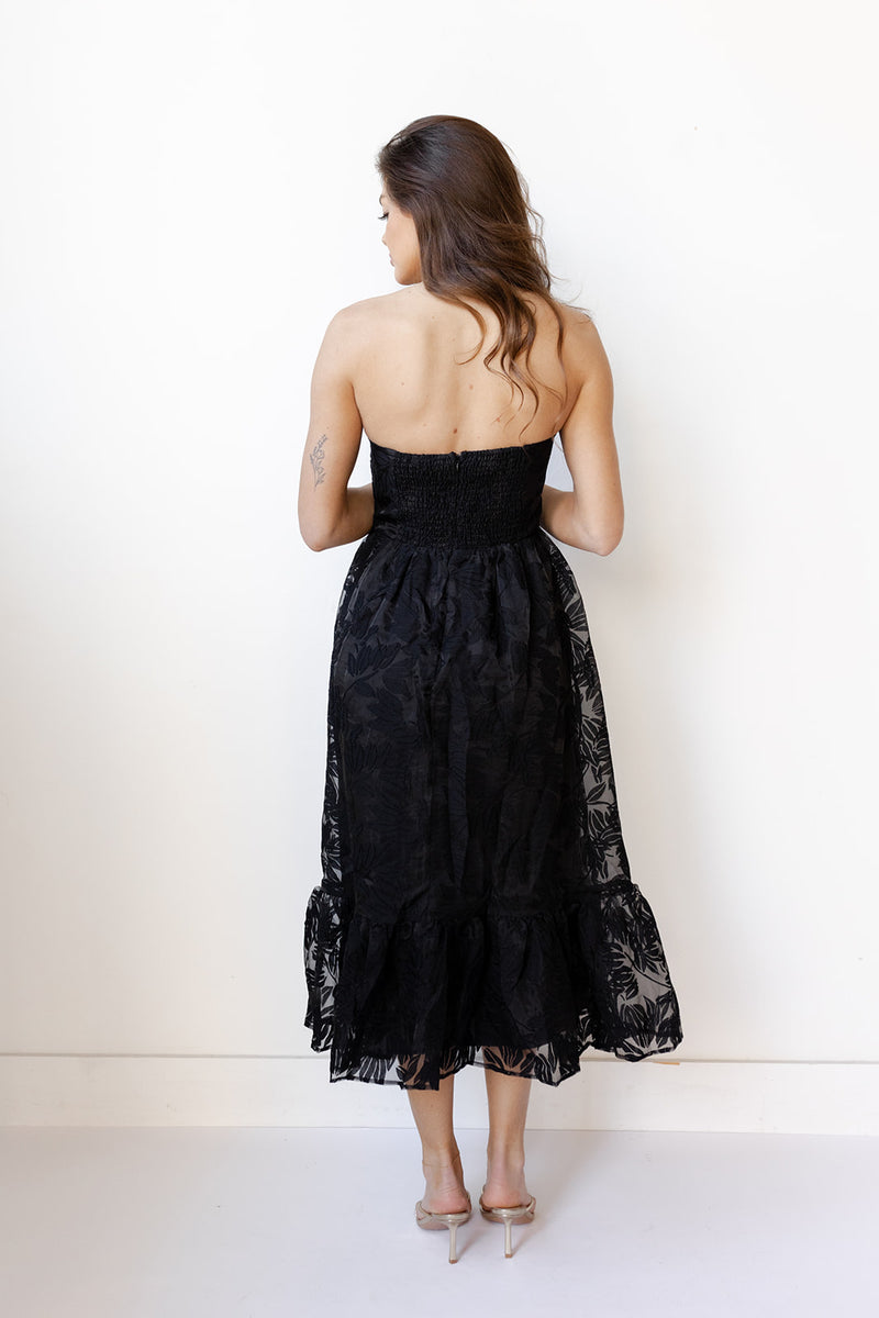 mode, sable strapless midi dress