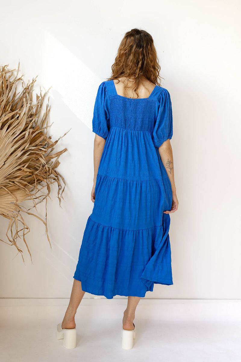 mode, azure maxi dress