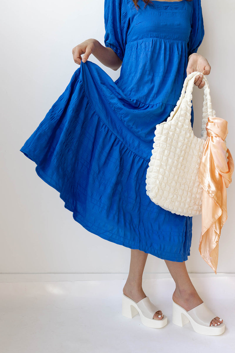 mode, azure maxi dress