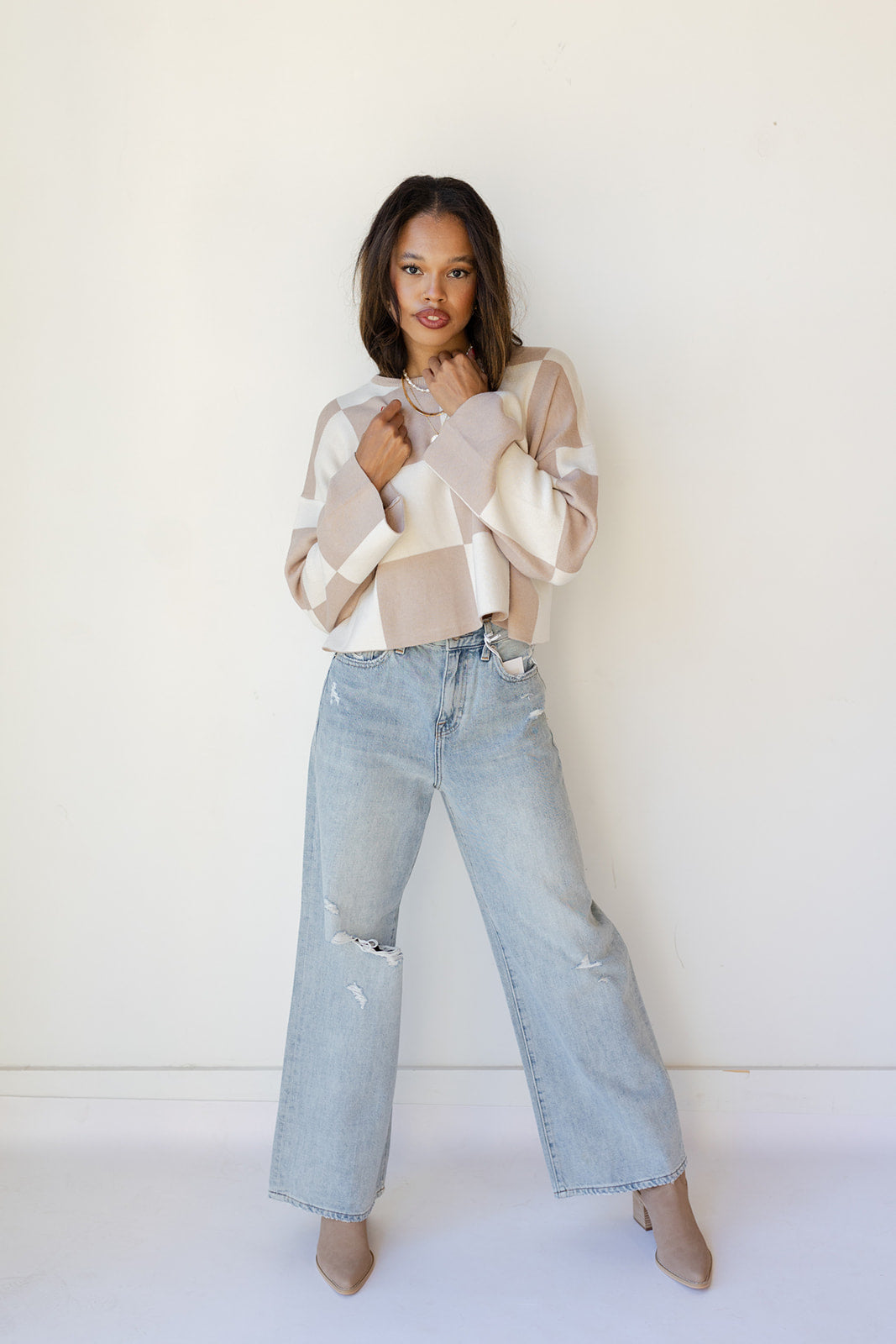 mode, sarah checkered top