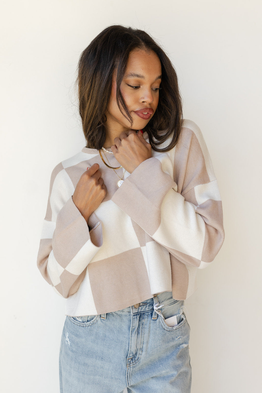mode, sarah checkered top