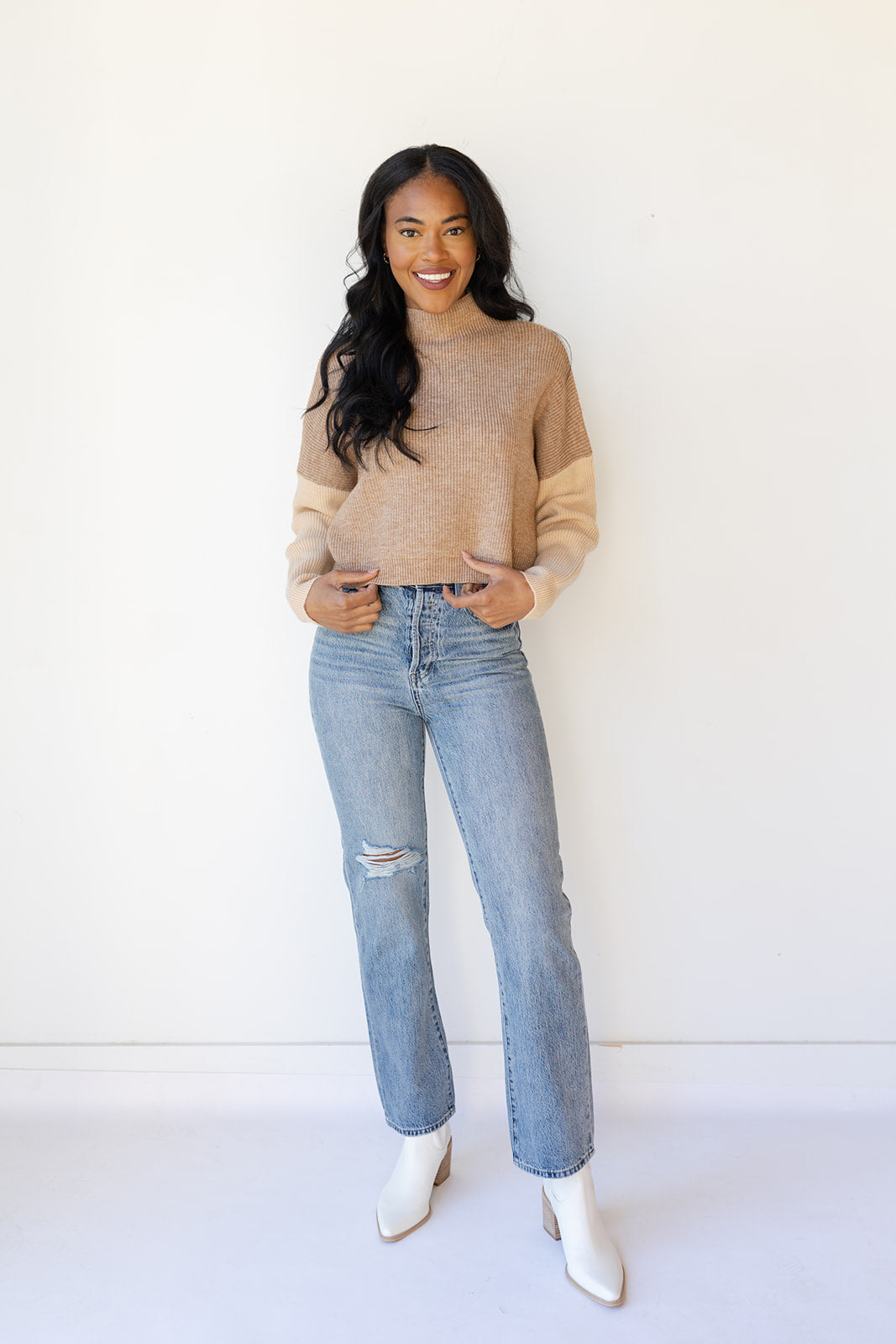 mode, makenna color block sweater
