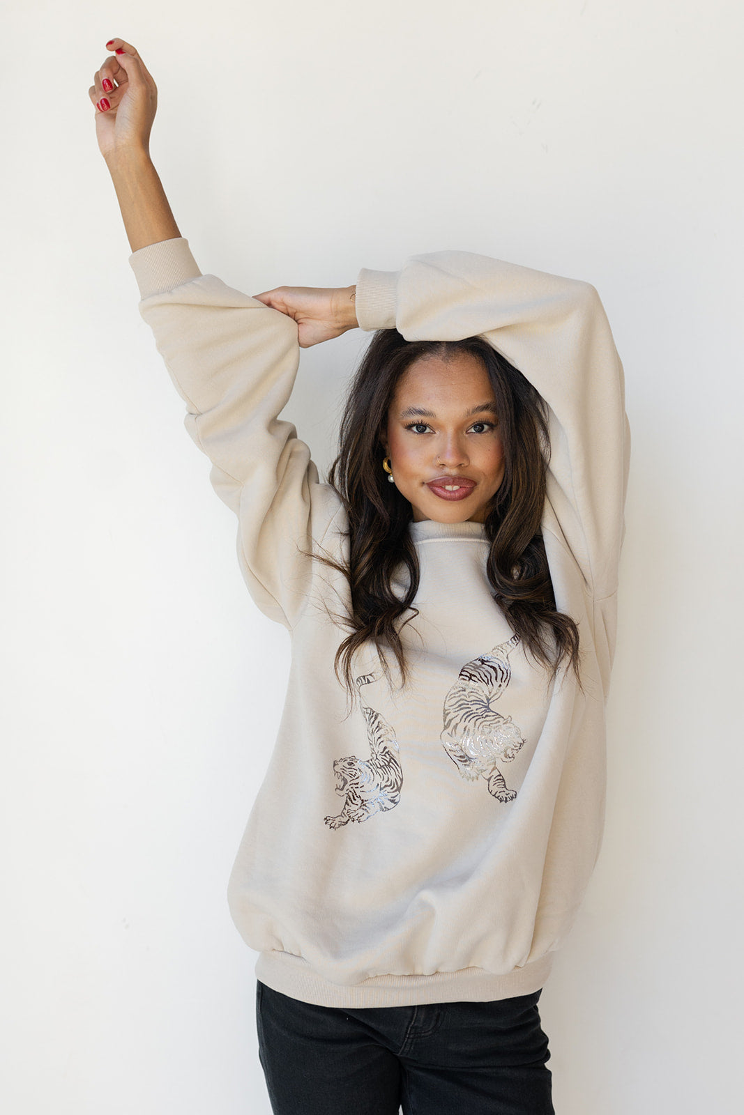 mode, tiger silver foil sweatshirt