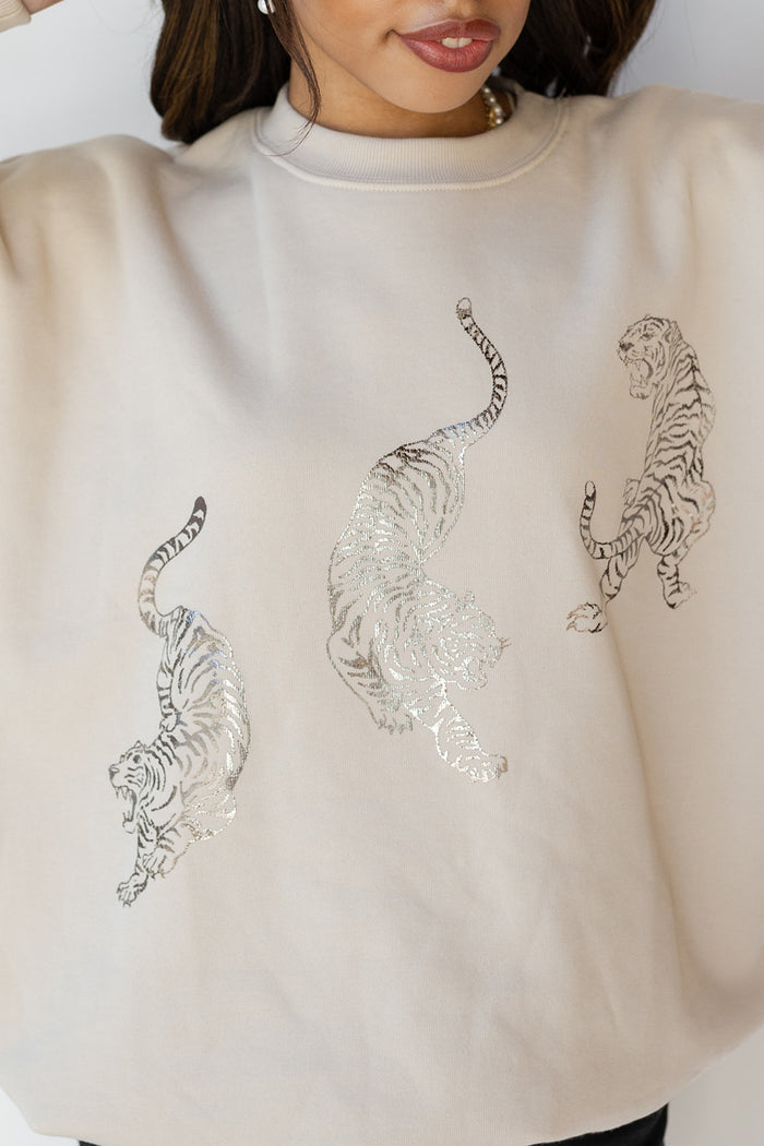 mode, tiger silver foil sweatshirt
