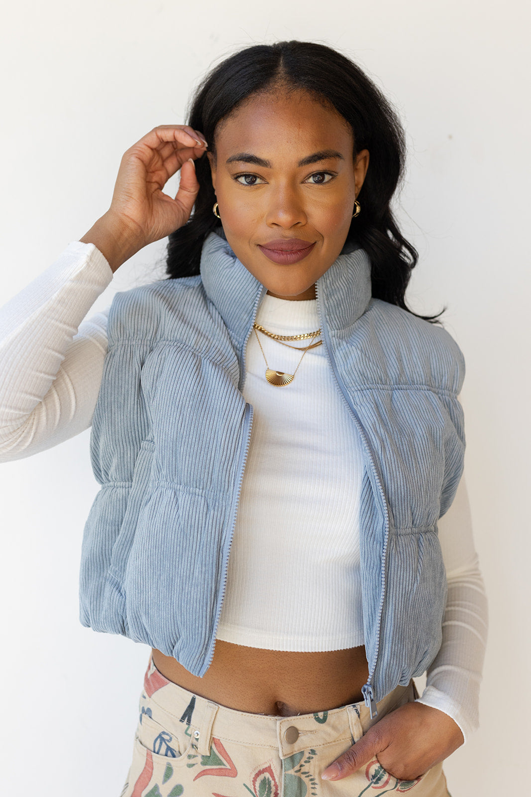 mode, cleo corduroy puffer vest