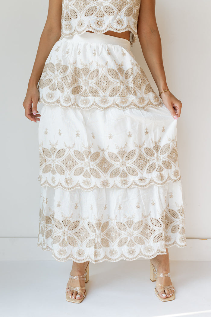 mode, lucia embroidery maxi skirt