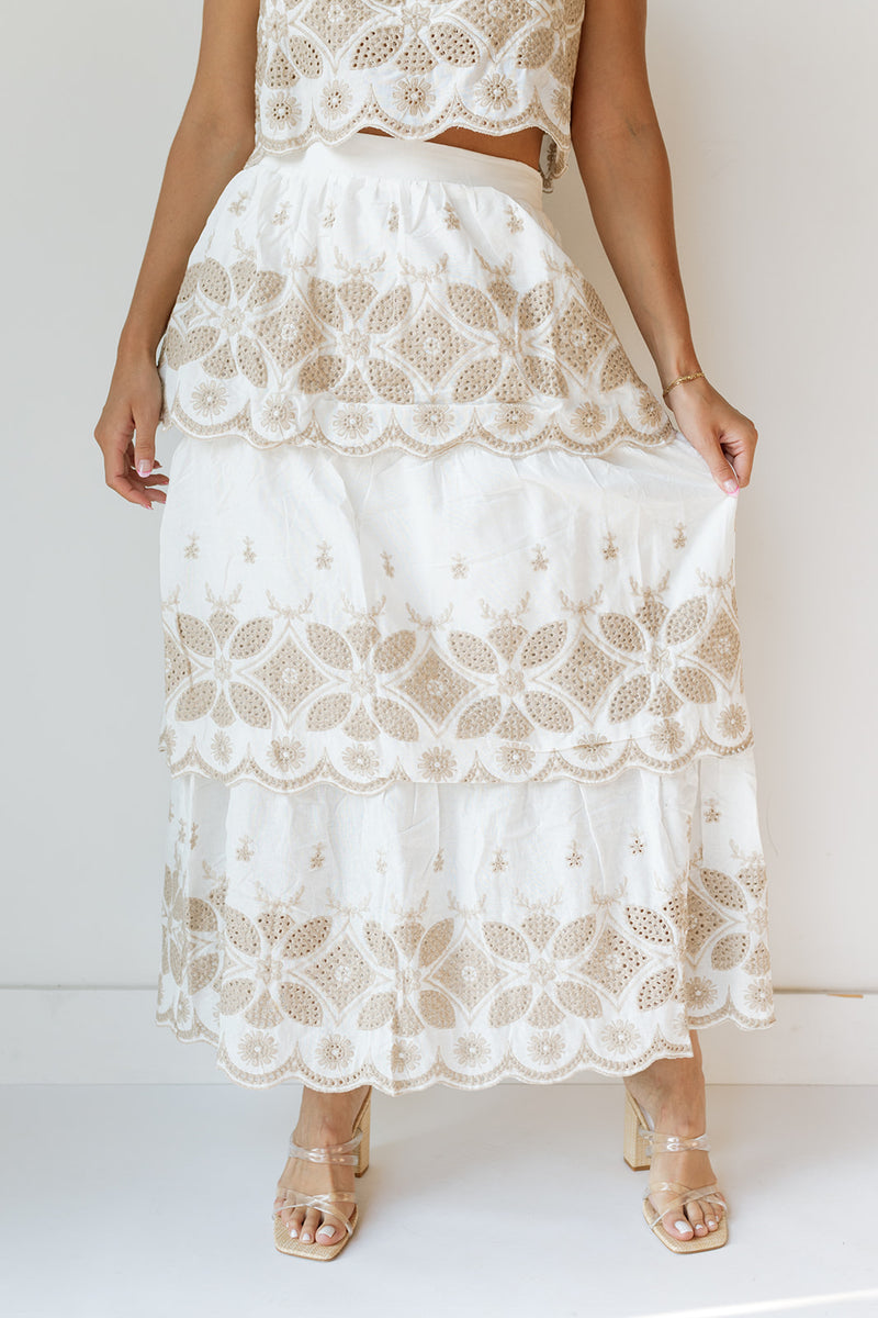mode, lucia embroidery maxi skirt