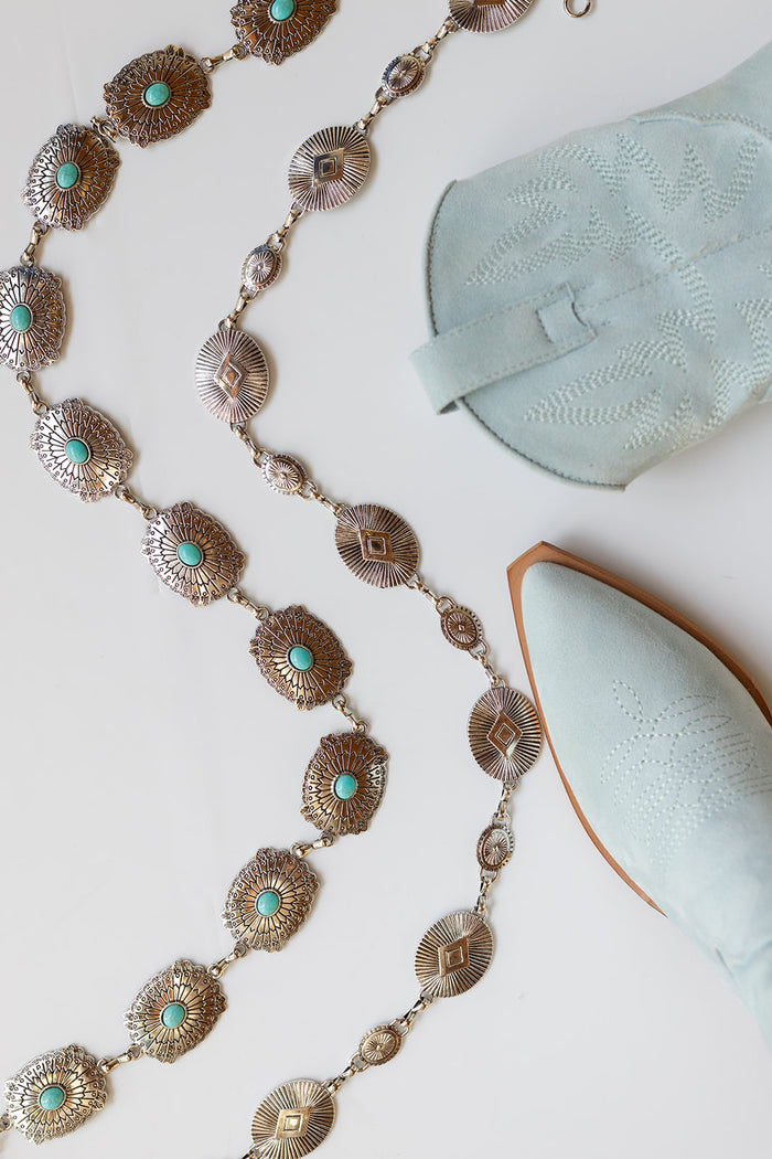 mode, silver + turquoise chain belt