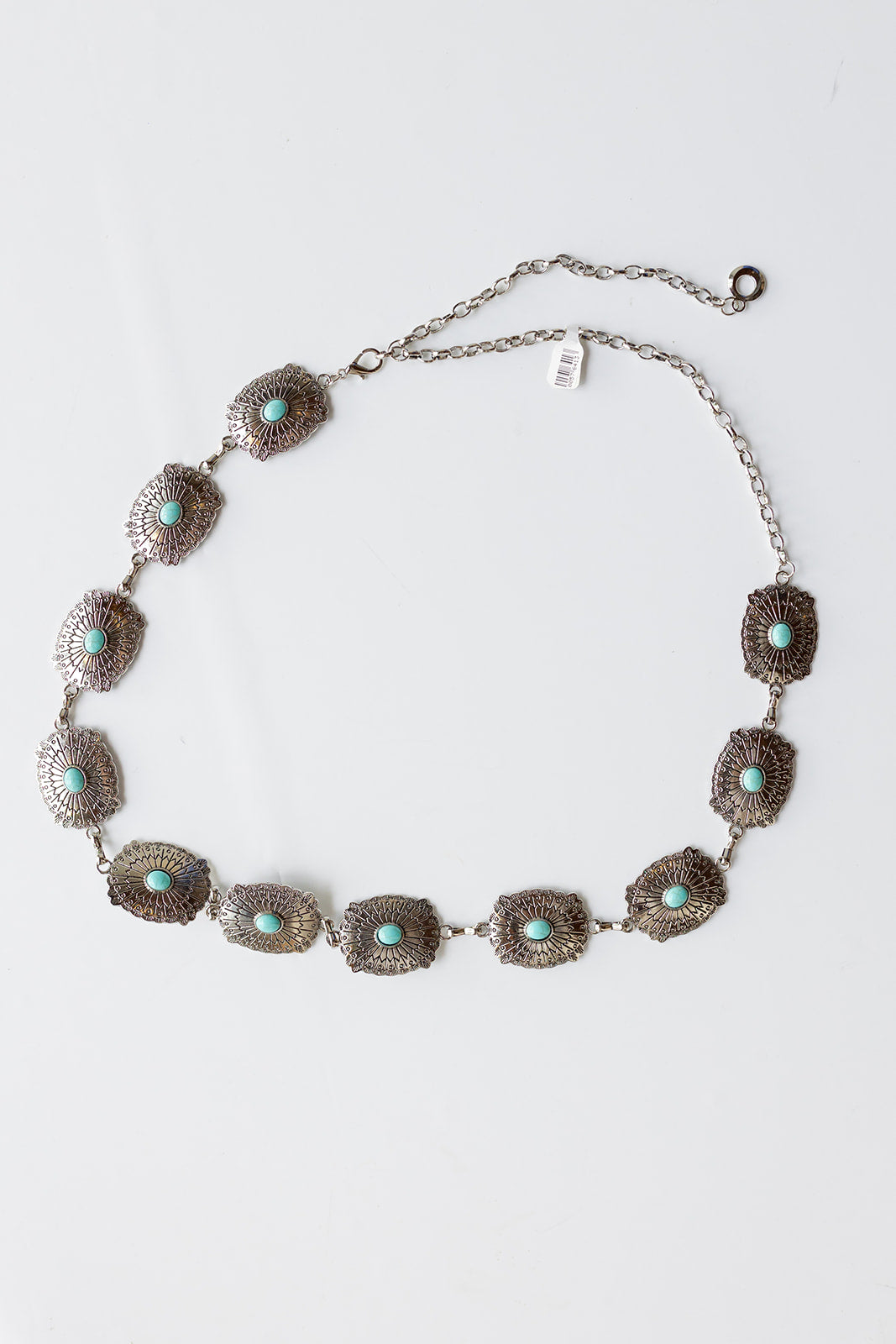 mode, silver + turquoise chain belt