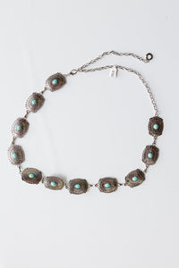 mode, silver + turquoise chain belt