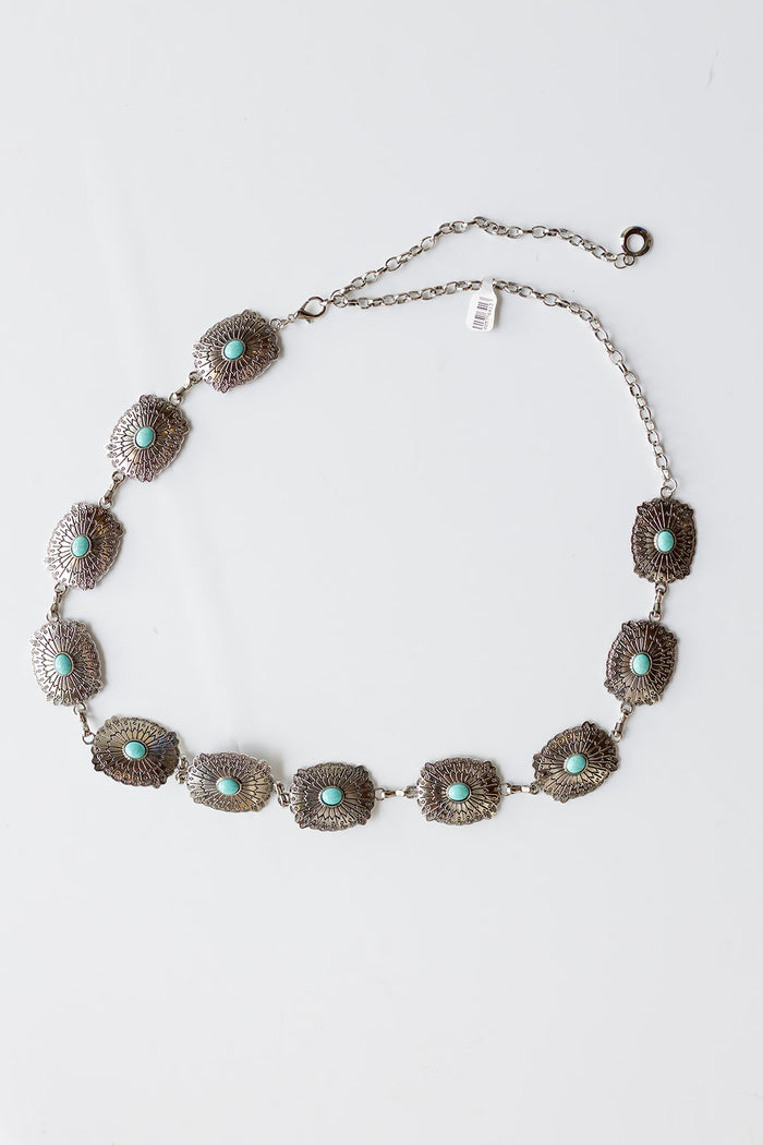 mode, silver + turquoise chain belt
