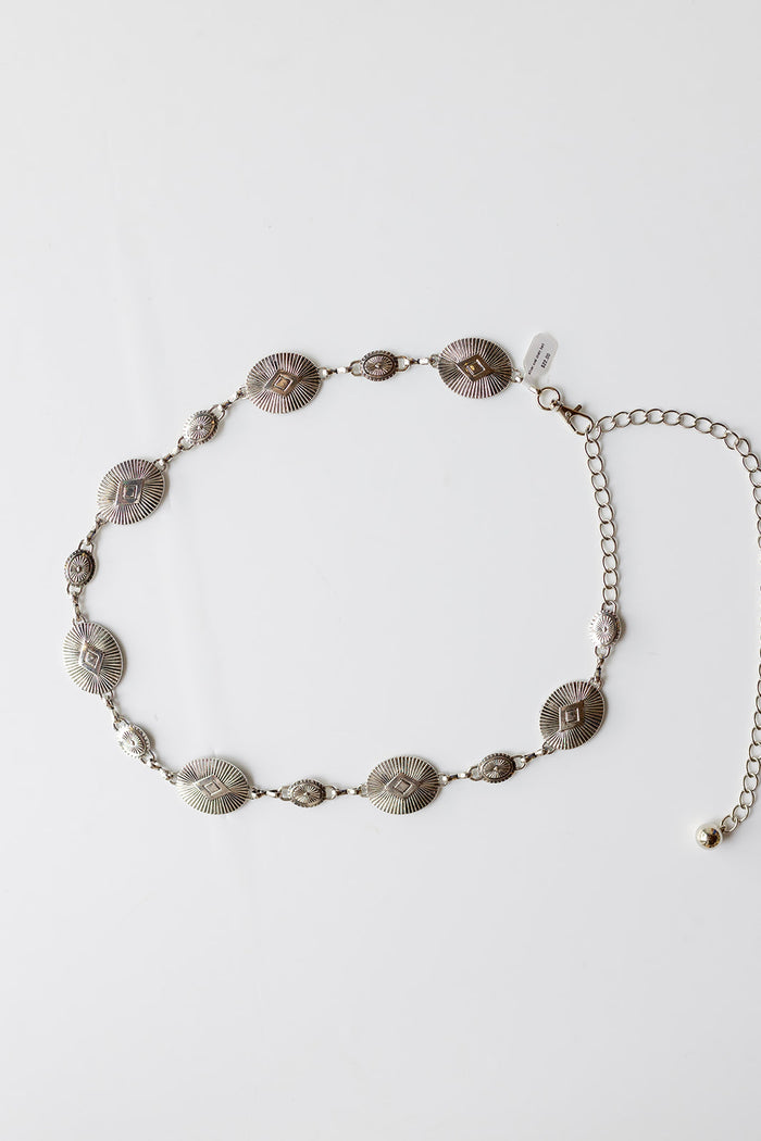 mode, silver oval chain belt
