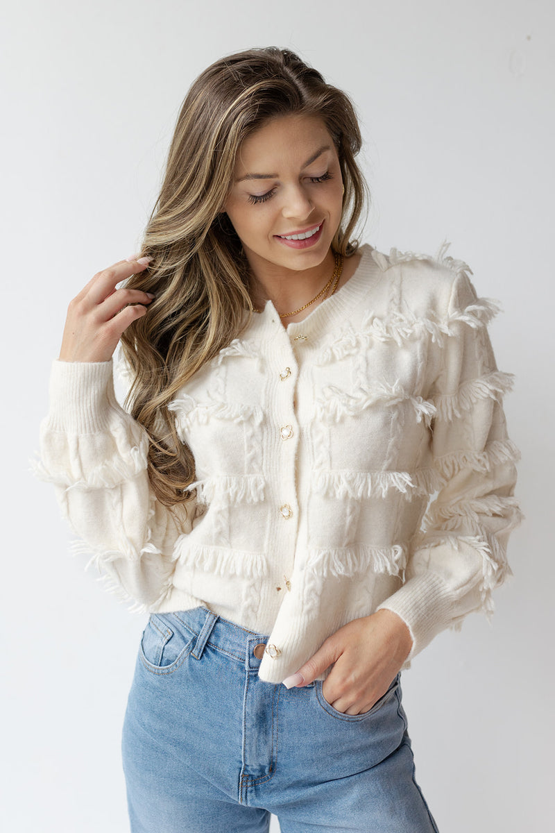 mode, mina fringe cardigan