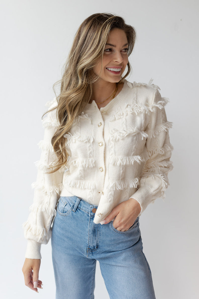 mode, mina fringe cardigan