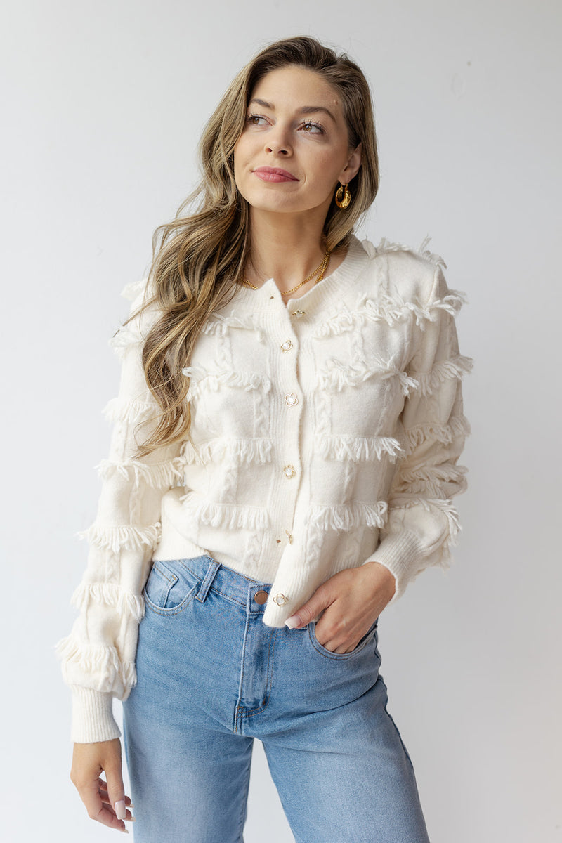 mode, mina fringe cardigan