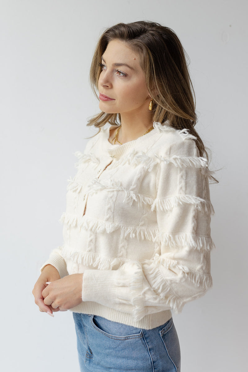 mode, mina fringe cardigan