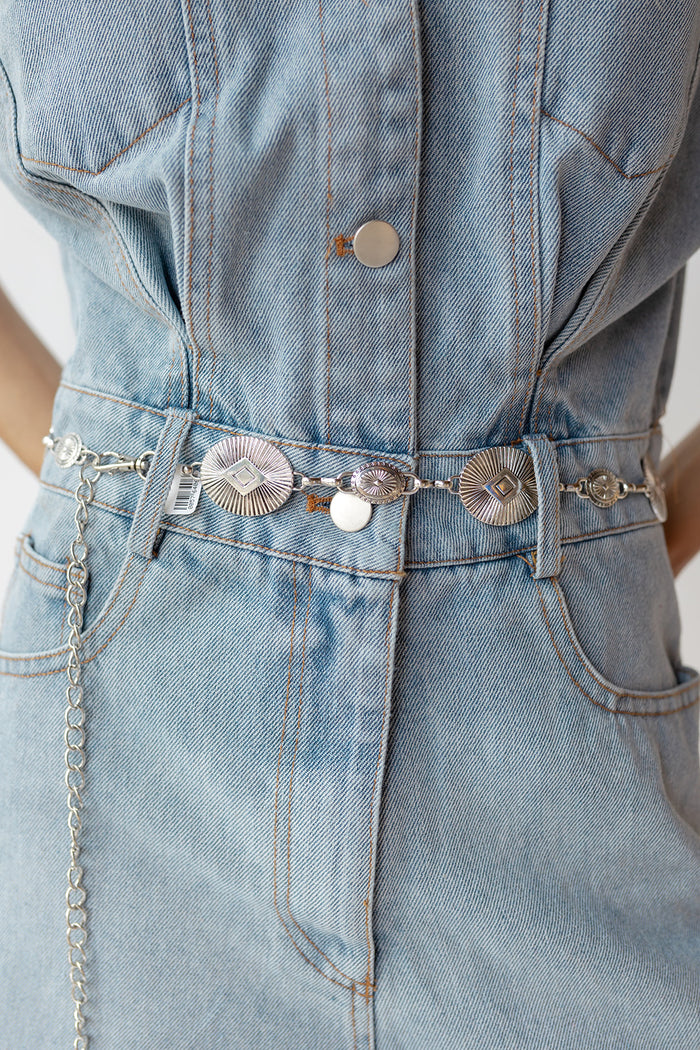 mode, silver oval chain belt