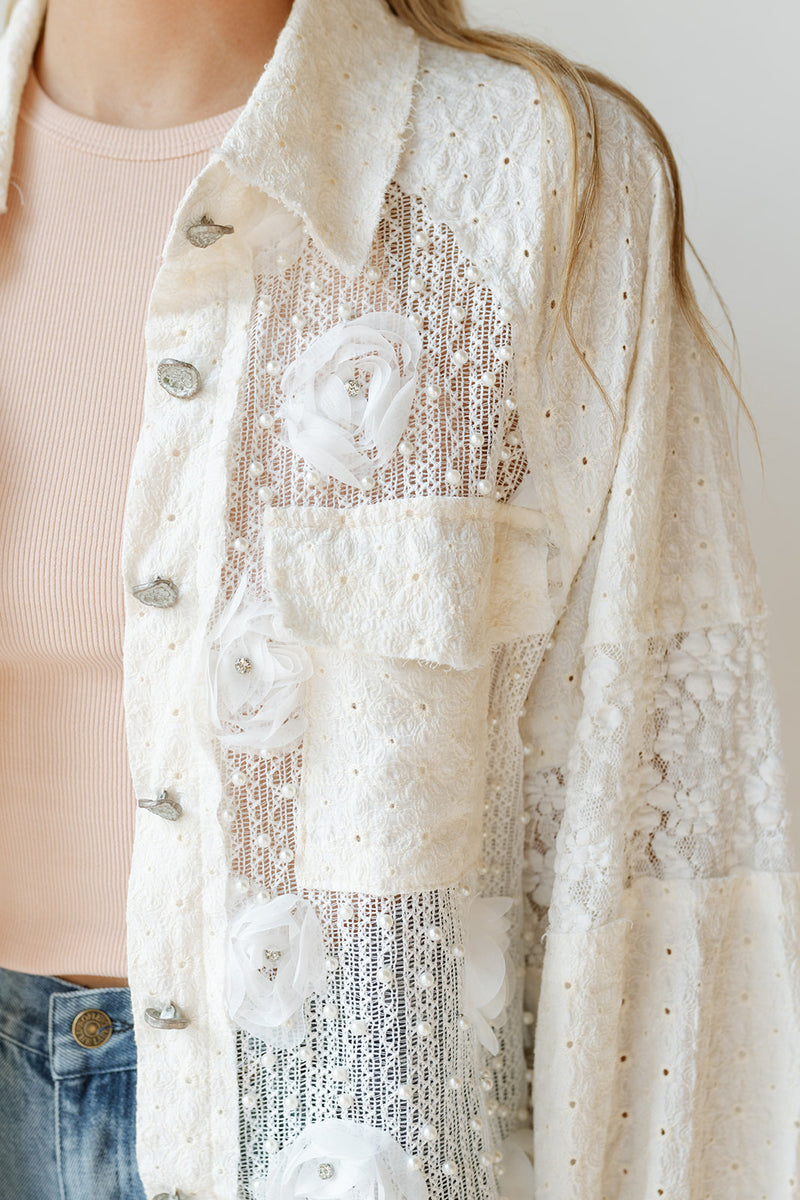 mode, flower + pearl detail jacket
