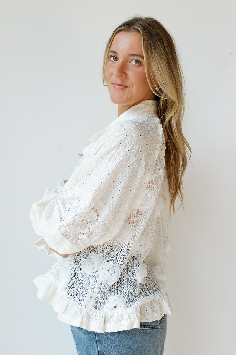 mode, flower + pearl detail jacket