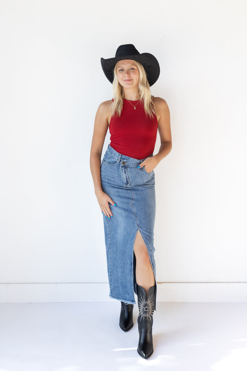 mode, jennie denim midi skirt
