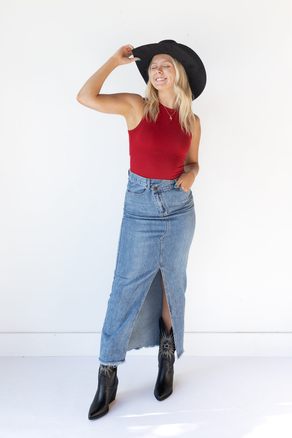 mode, jennie denim midi skirt