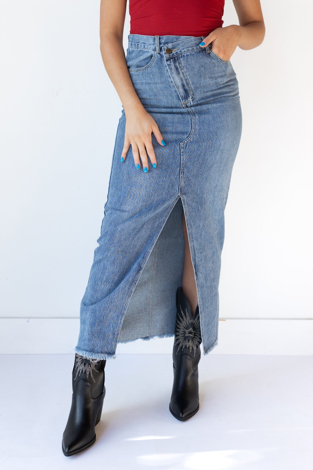 mode, jennie denim midi skirt