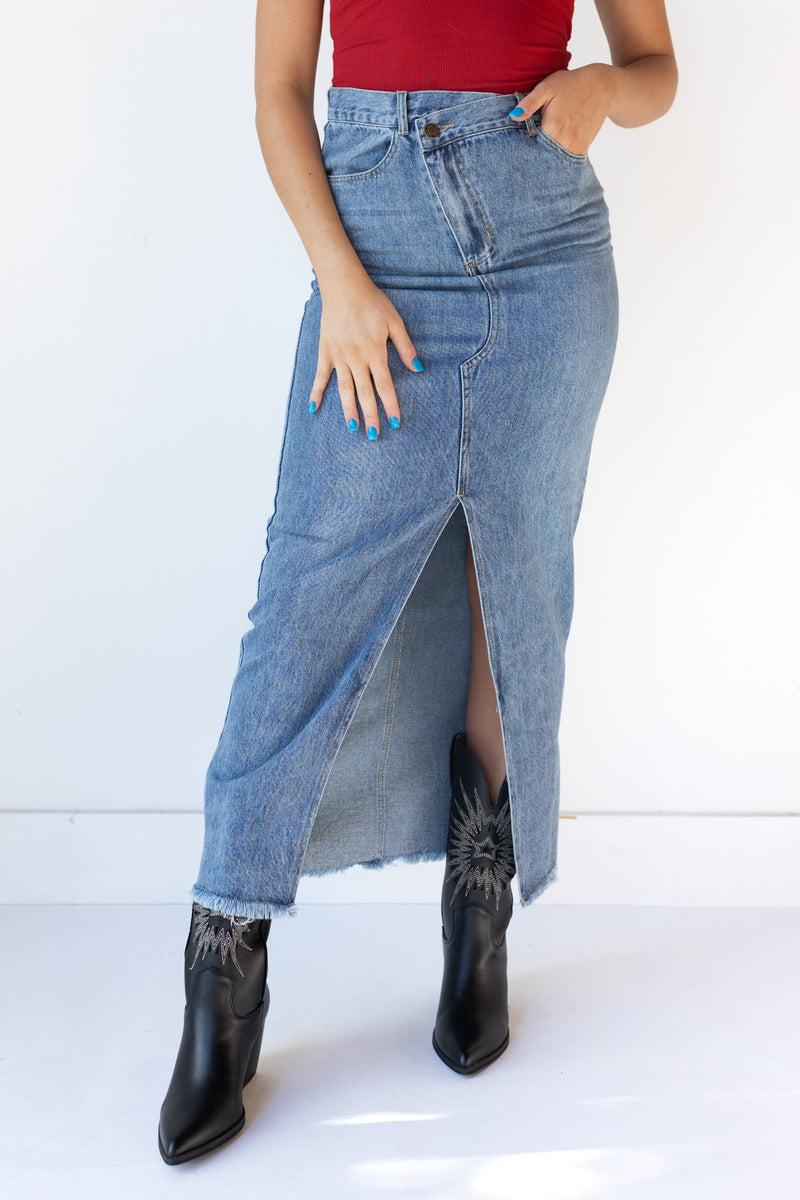 mode, jennie denim midi skirt