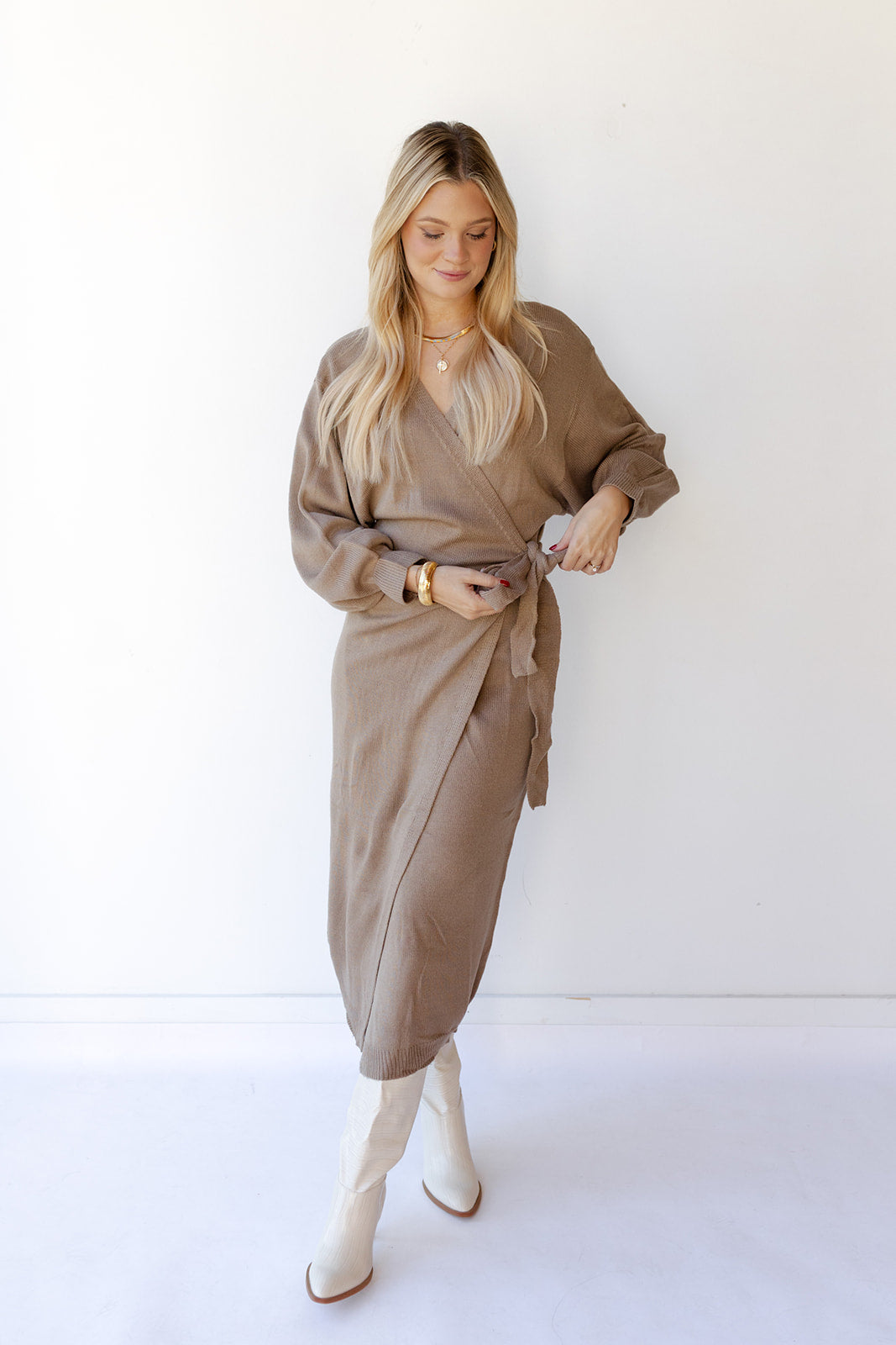 mode, rayne sweater wrap midi dress