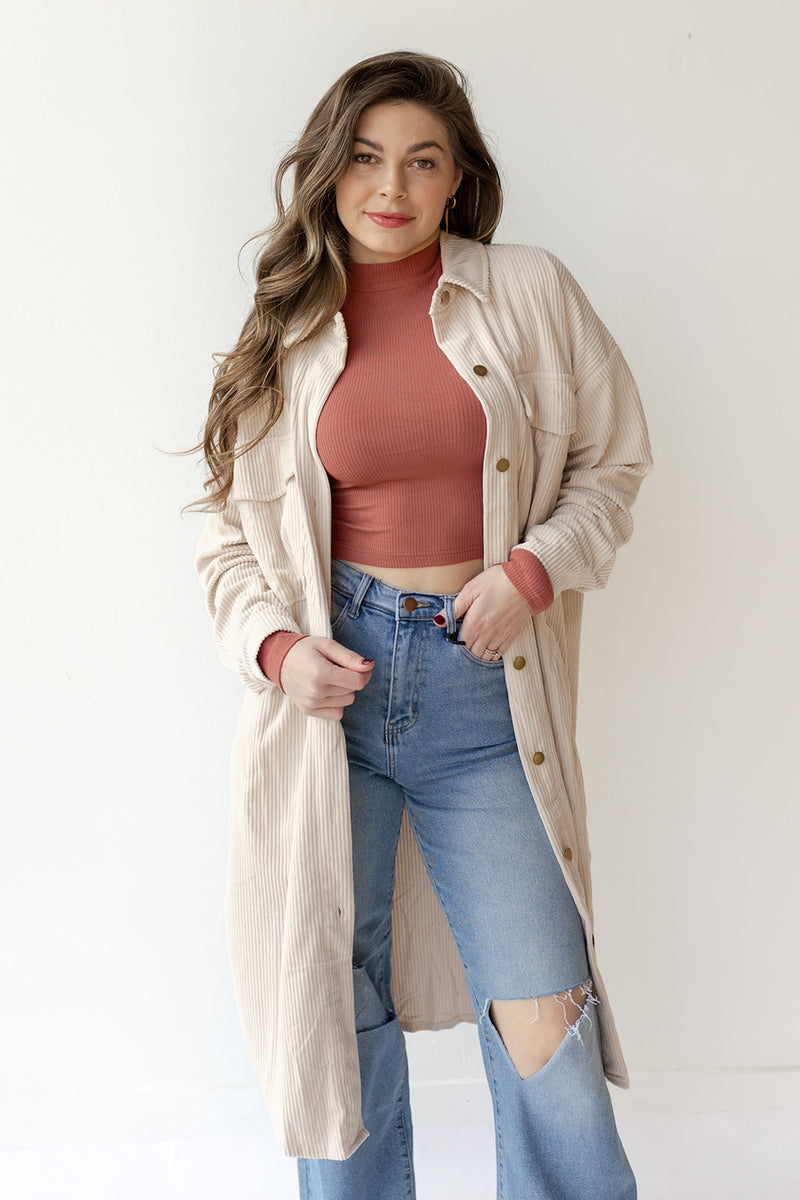 mode, long corduroy jacket