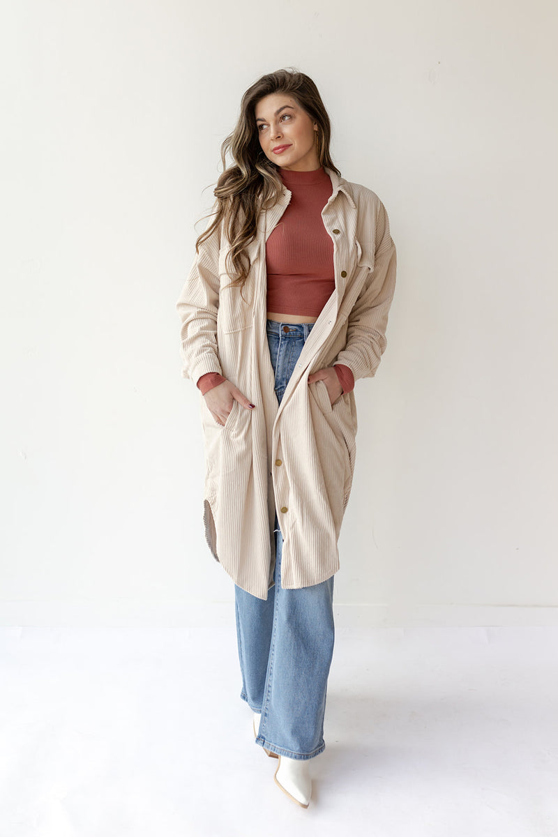 mode, long corduroy jacket
