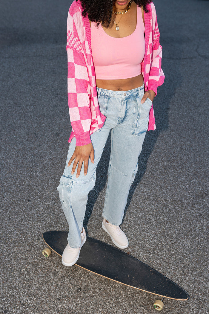 mode, cora checkerboard cardigan