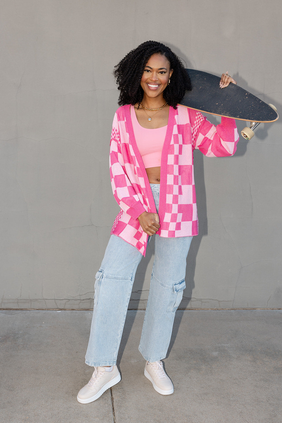 mode, cora checkerboard cardigan