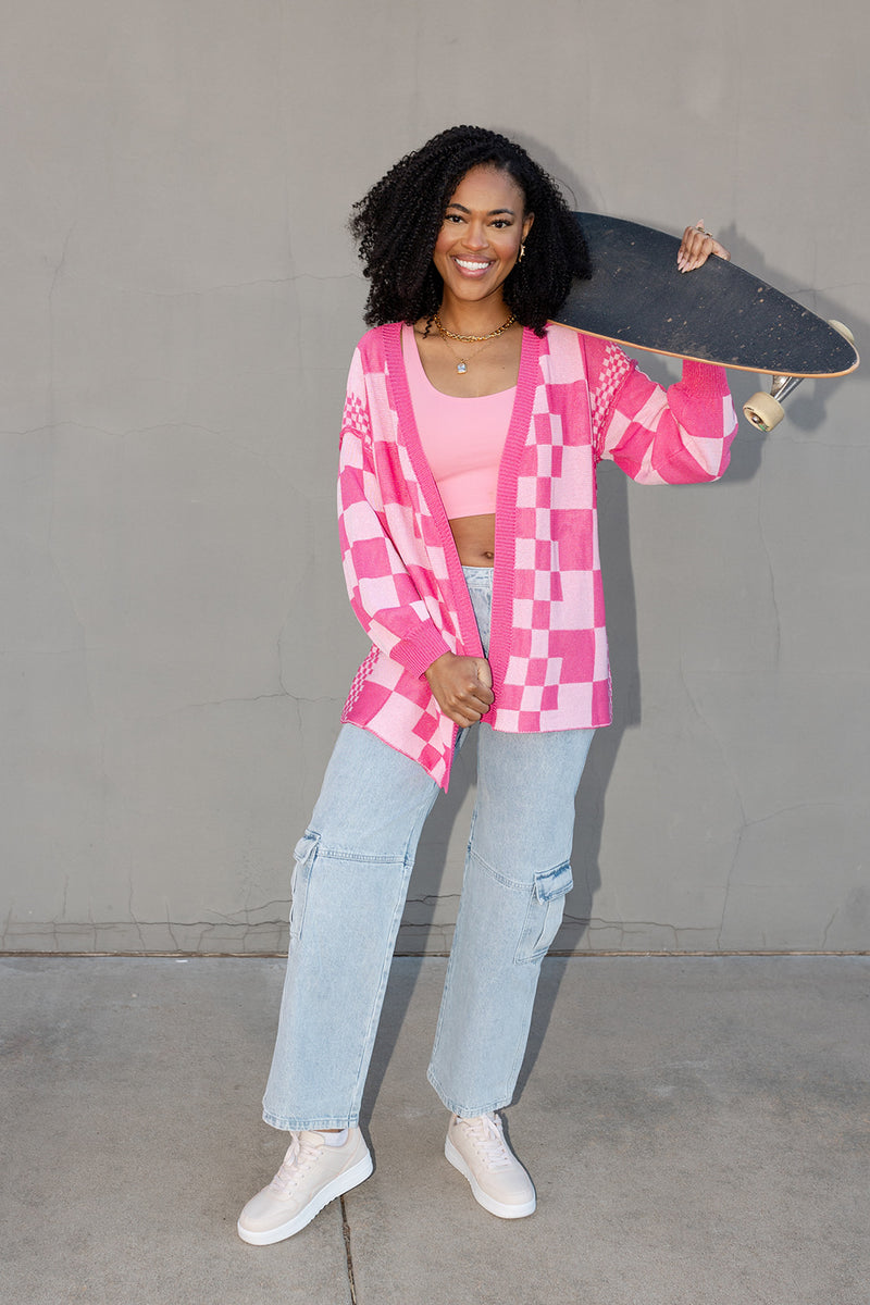 mode, cora checkerboard cardigan