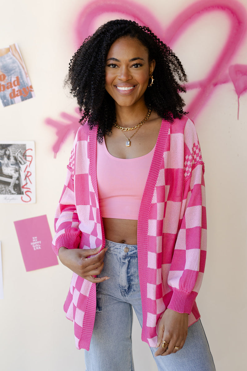 mode, cora checkerboard cardigan