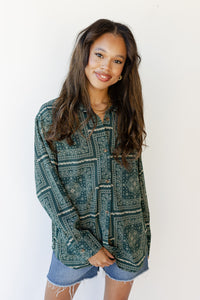 mode, paisley print button down